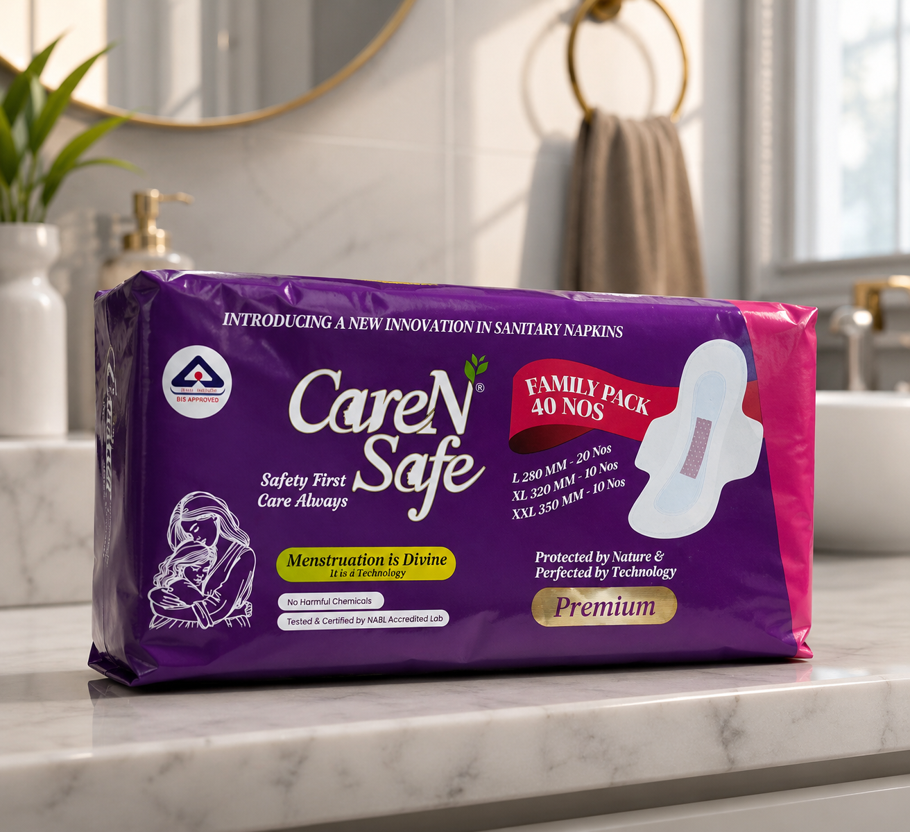 CareNSafe Premium Cotton Sanitary Pads | 40 Large Pads | Free Shipping