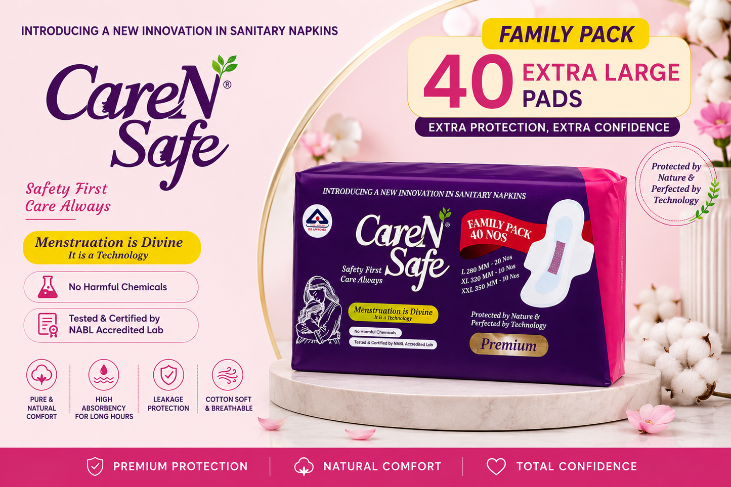 CareNSafe Premium Cotton Sanitary Pads | 40 Extra Large Pads | Free Shipping